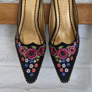Matisse Floral Embroidered Kitten Heel Mules